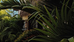 A tropical resort with a thatched-roof building, palm trees, and a sign reading "Alma do Zorro." - Alma de Zorro (Bacalar)