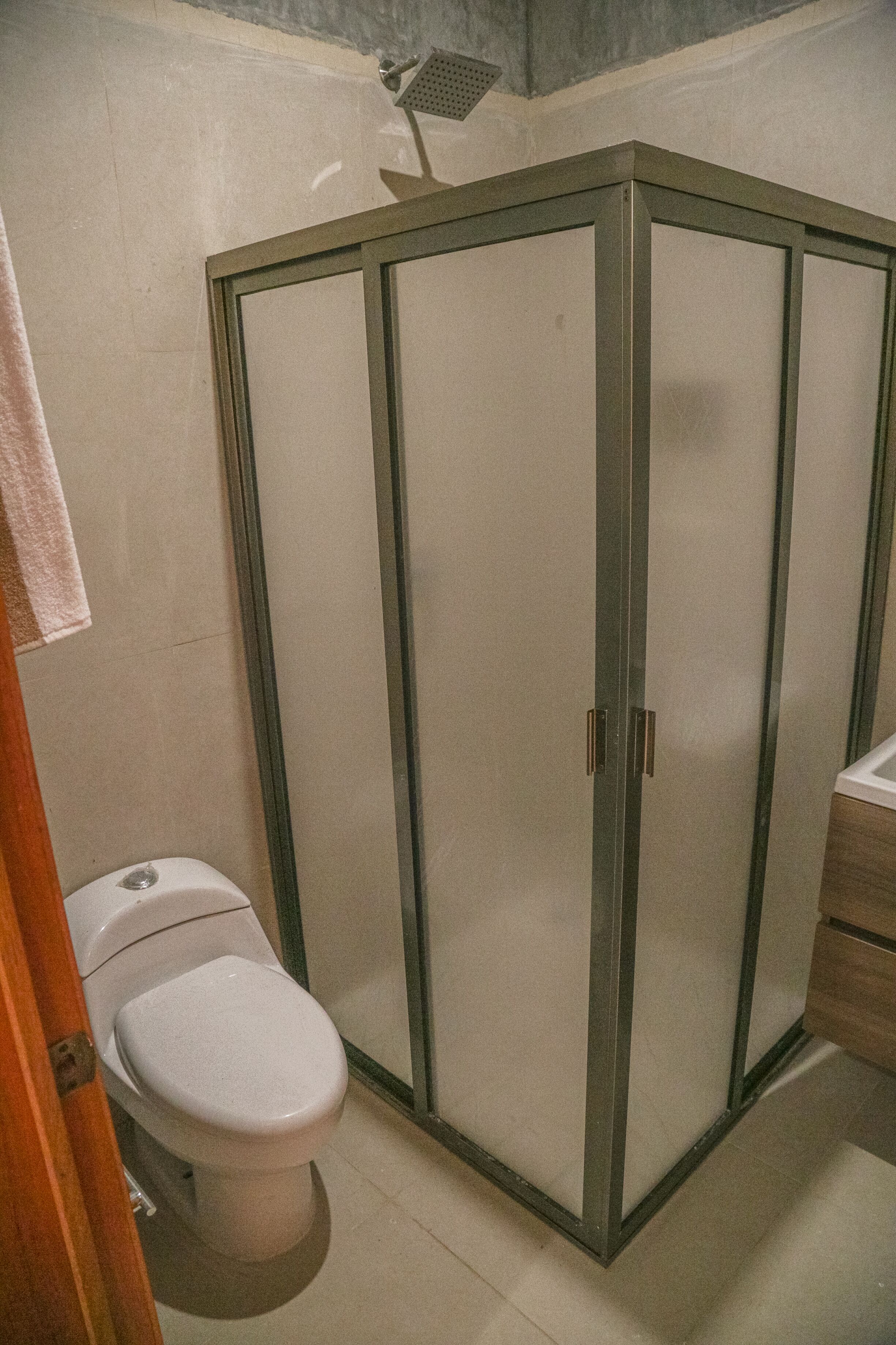 A bathroom with a toilet, a shower enclosure, and a wooden cabinet.