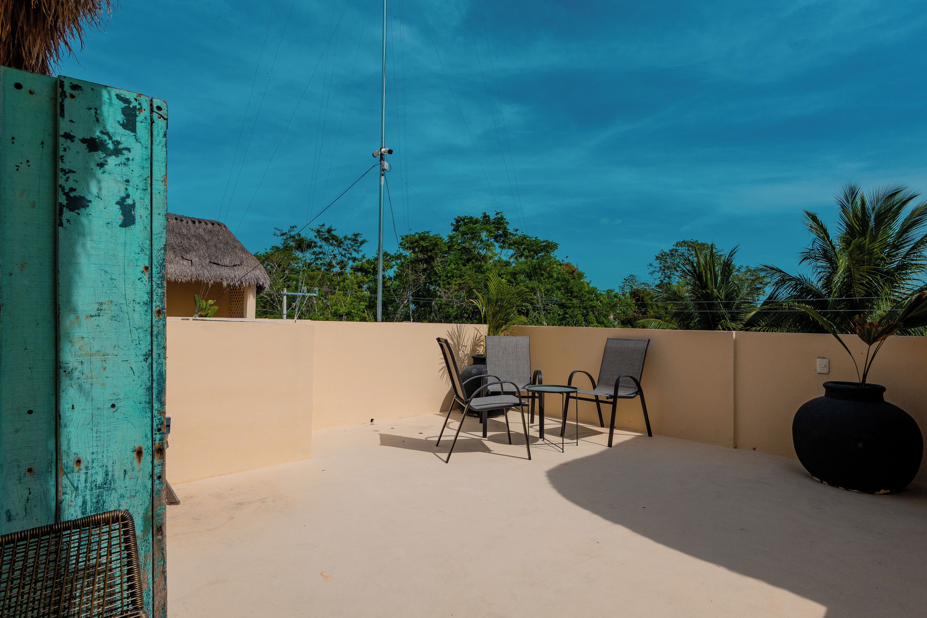 A rooftop terrace with a thatched-roof structure, a metal chair, a table, and a large potted plant.