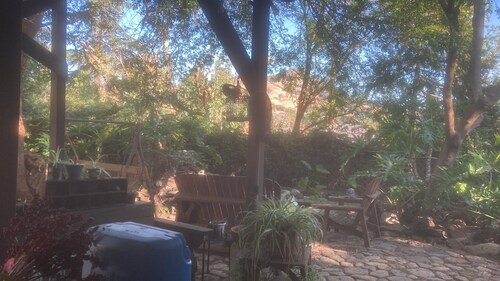 Cottage nestled in trees and goldfish ponds