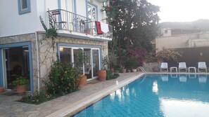 Uma área à beira da piscina com parede de pedra, plantas em vasos e uma piscina azul límpida.