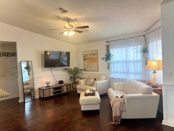 TV, fireplace, books