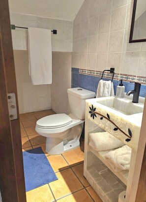 Regadera, toallas, jabón, papel de baño