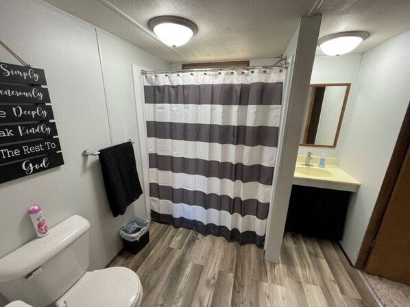 Une salle de bain avec un rideau de douche à rayures, des toilettes, un lavabo et un miroir.