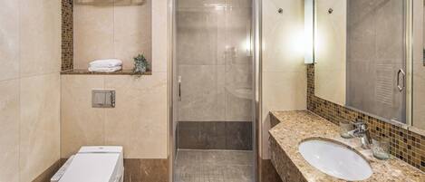 A modern bathroom with a glass-enclosed shower, a toilet, and a sink with a mirror.