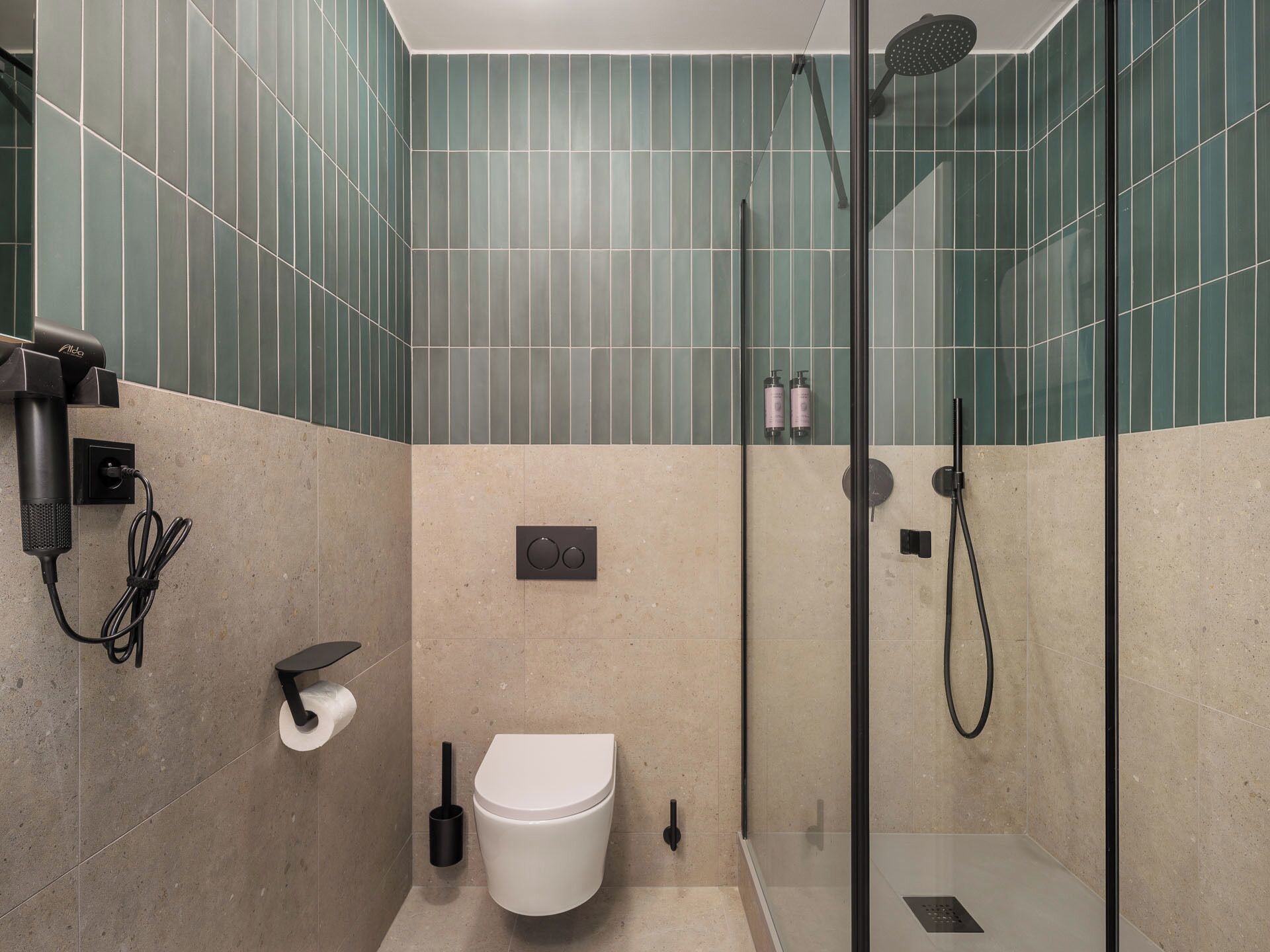 Une salle de bain moderne avec une douche à parois de verre, des toilettes et un sèche-cheveux fixé au mur.