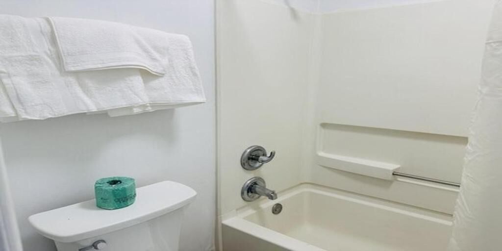Ein Badezimmer mit Toilette, Toilettenpapierrolle und Badewanne.