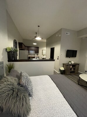 A modern living room with a large bed, a small kitchen area, and a TV mounted on the wall.
