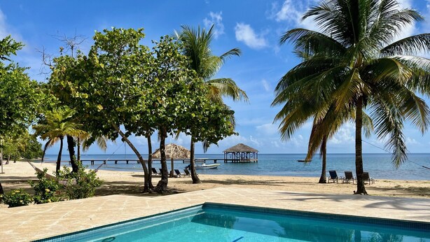 Área da piscina com vista clara para o oceano, cercada por palmeiras e uma construção com telhado de palha.