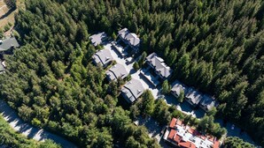 An aerial view of a residential area with multiple houses surrounded by dense forest. - 3BR | Whistler Creek Ridge | Ski-in/out | Private Hot Tub | Wood Fire | Private Garage (Whistler)