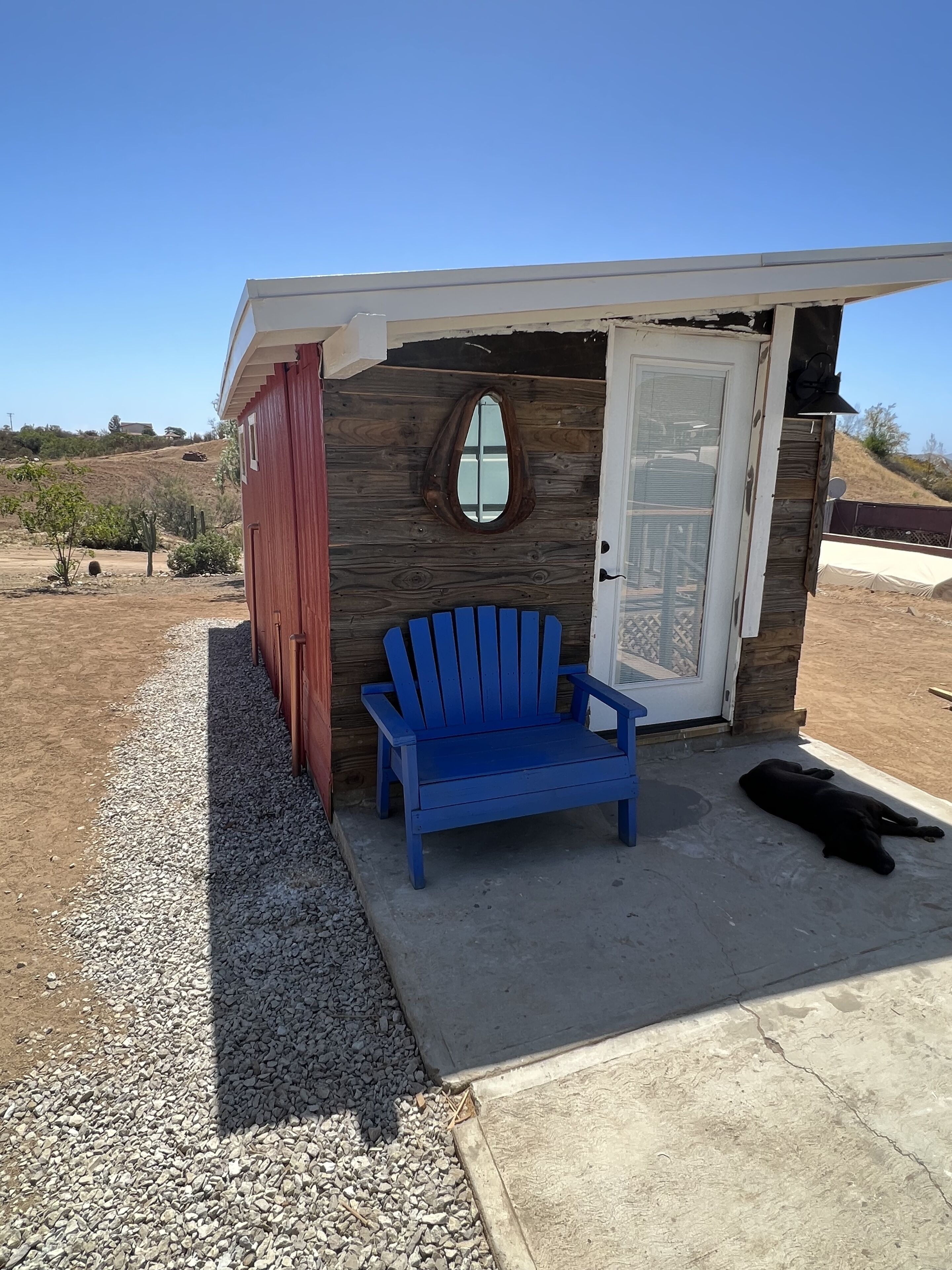 Uma pequena construção de madeira com uma porta, uma cadeira Adirondack azul e um cão preto deitado no chão.