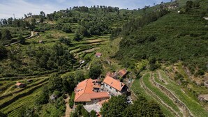A rural house with a red-tiled roof surrounded by terraced fields and trees. - Casa Museu Rural Hotel (Cinfães)