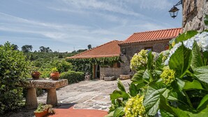 A stone building with a tiled roof, surrounded by greenery and potted plants. - Casa Museu Rural Hotel (Cinfães)