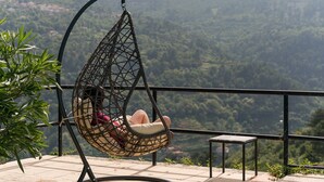 A hanging chair with a view of a mountainous landscape. - Casa Museu da Geada: Room 2 (Cinfães)
