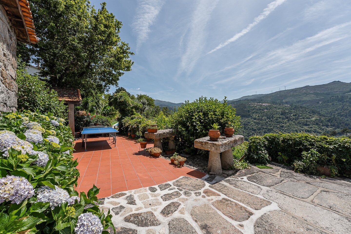 Une terrasse en pierre avec une table de ping-pong, des plantes en pot et une table en pierre.