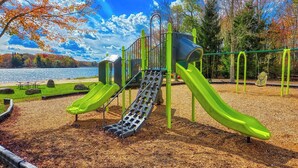 A playground with slides and climbing structures, surrounded by trees and a lake.