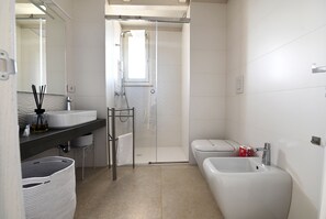 Bathtub, hair dryer, slippers, bidet