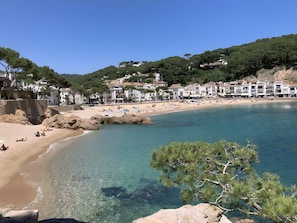A coastal beach with clear waters, rocky shoreline, and buildings in the background.