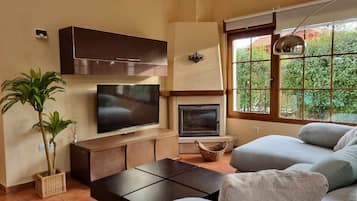 Una televisión, una chimenea
