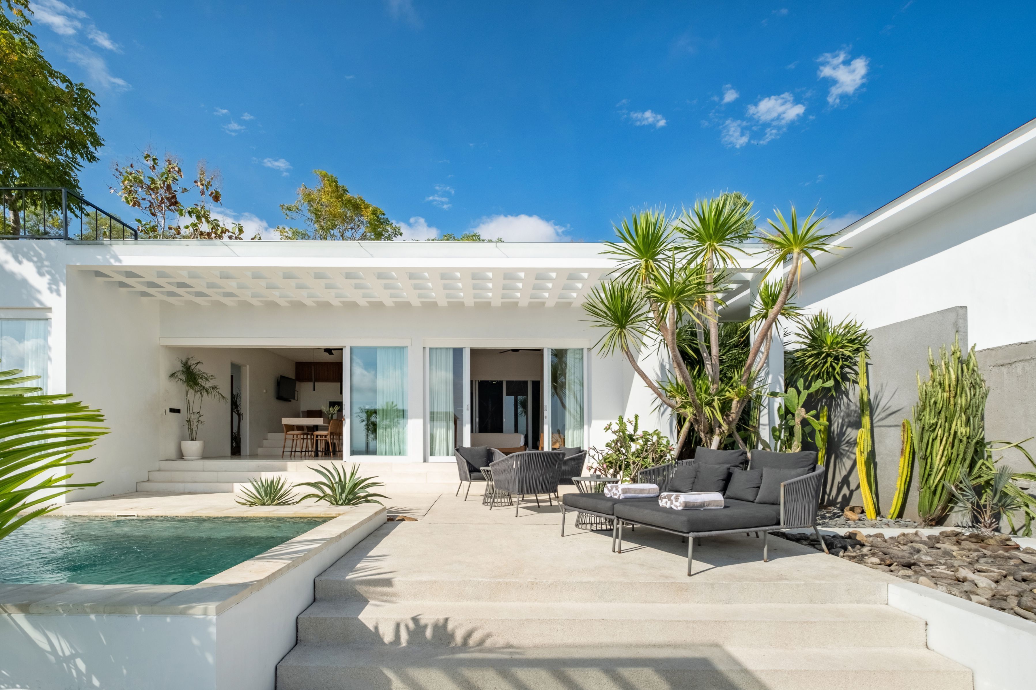 Outdoor pool, pool umbrellas, pool loungers