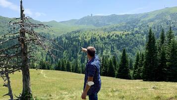 A person standing in a grassy field with a mountainous landscape in the background.