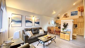 Smart TV, fireplace, DVD player, books