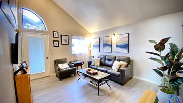 Smart TV, fireplace, DVD player, books