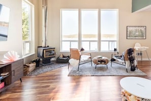 Smart TV, fireplace, books