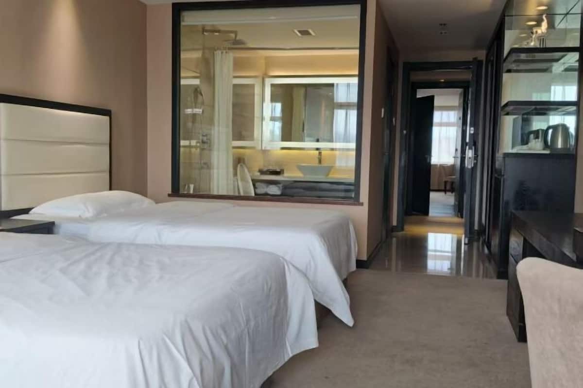 A hotel room with two beds, a large mirror, a bathroom with a sink, and a TV.