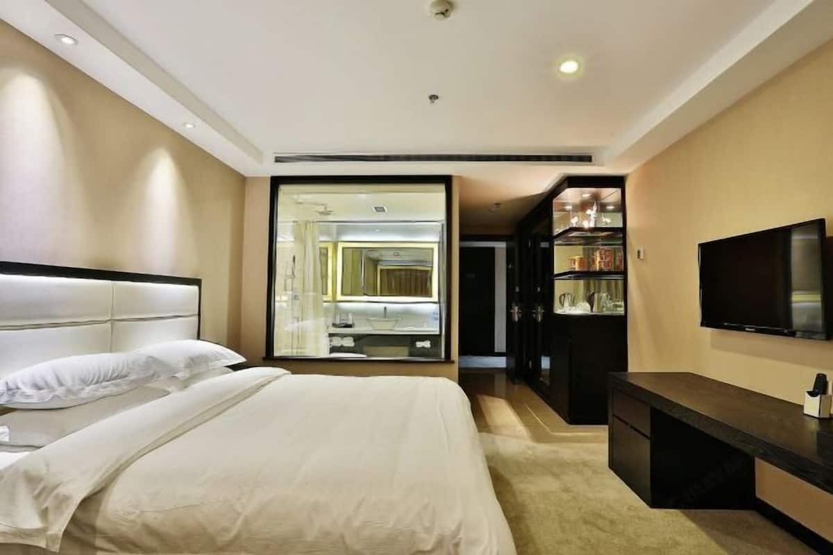 A hotel room with a bed, a TV, a desk, and a mirror.