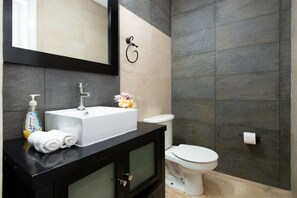 Regadera, secadora de cabello, toallas, jabón 