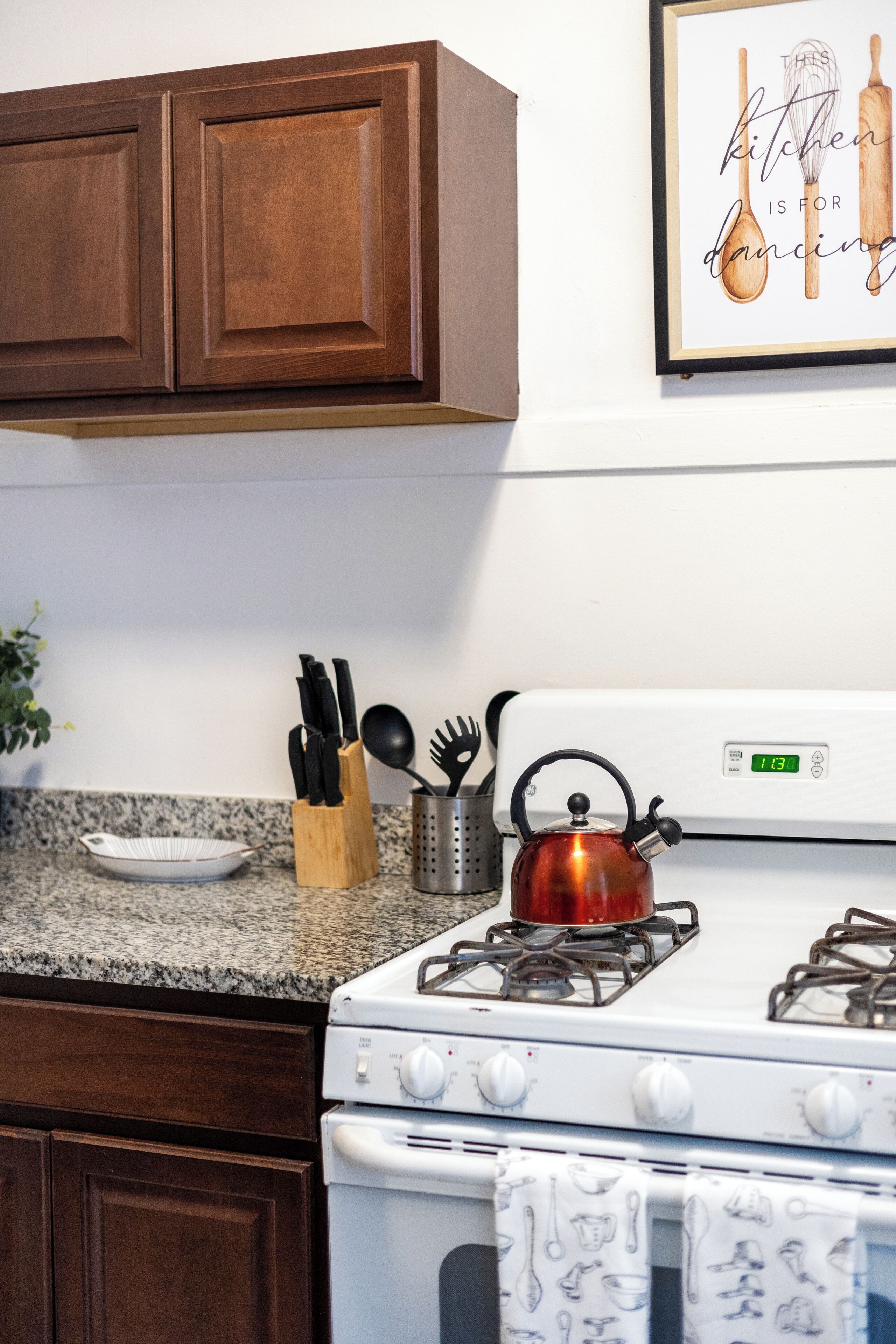 A kitchen with a stove, cabinets, and a framed picture on the wall.