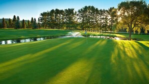 A golf course with a water hazard, trees, and a flagstick.