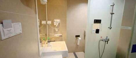 A modern bathroom with a glass shower enclosure, a white sink, and a mirror.
