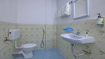 Baño con inodoro, lavabo y ducha.