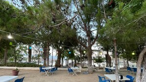 Un espace de restauration en plein air, avec des tables et des chaises, entouré d’arbres et offrant une vue sur un plan d’eau.