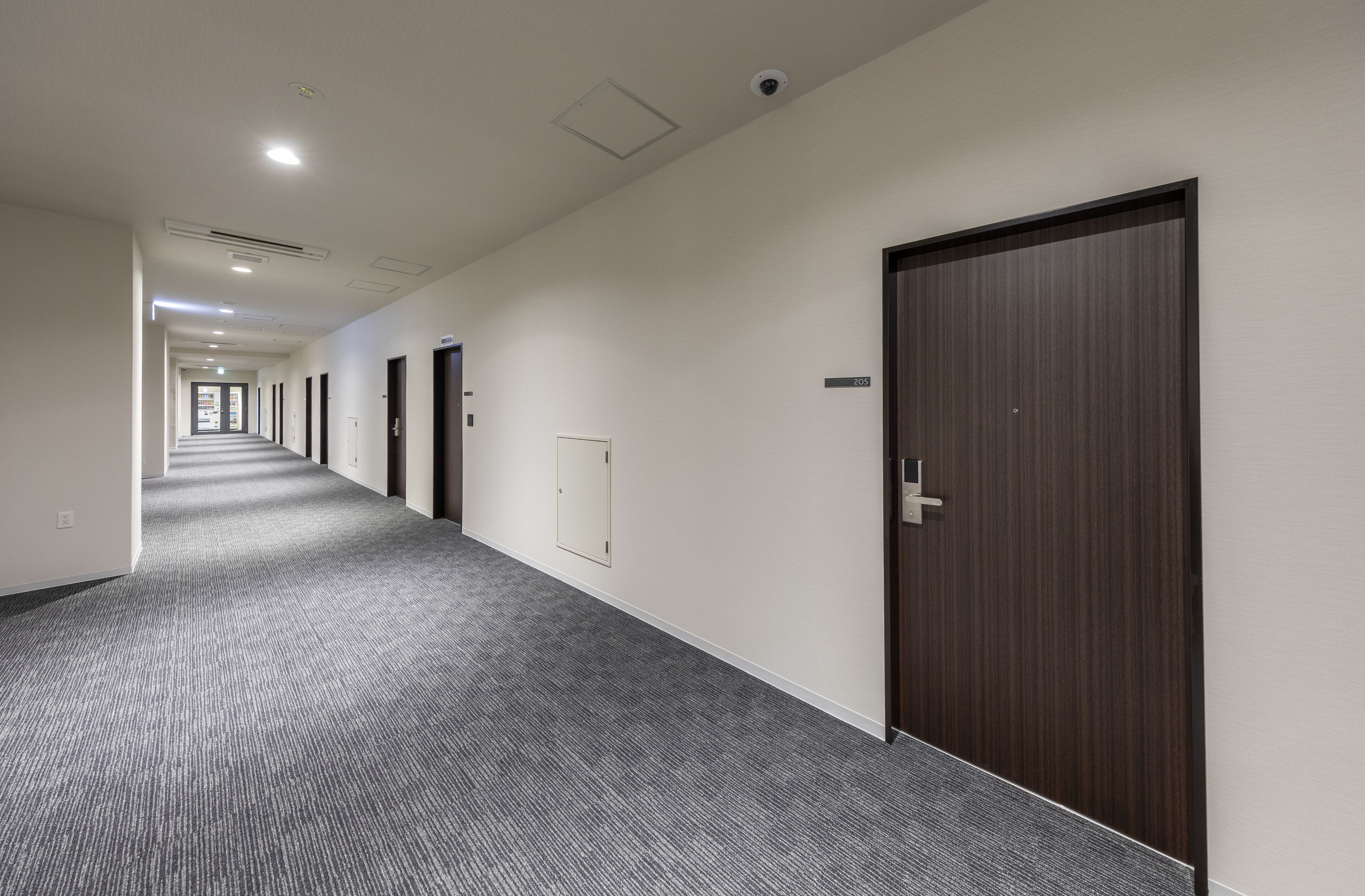A long, narrow hallway with carpeted floors and doors on one side.