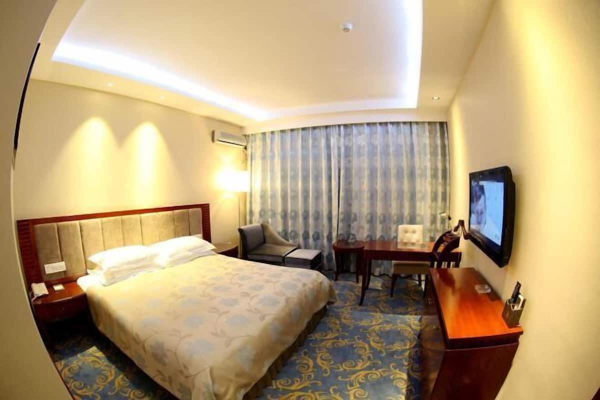 A hotel room with a bed, a desk, a chair, a television, and a window with curtains.