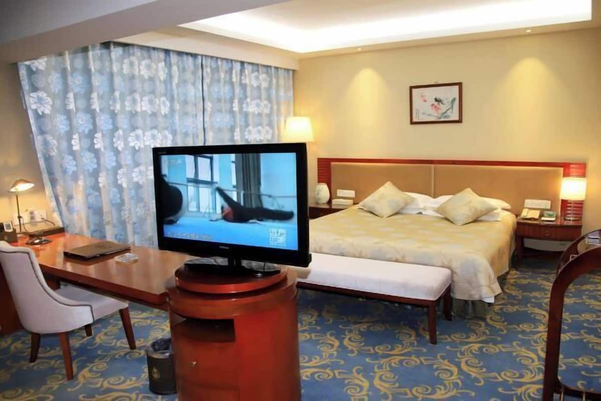 A hotel room with a bed, a desk with a television, a chair, and a window with curtains.