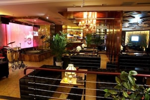 Una zona de bar con escenario, asientos y una planta en maceta.