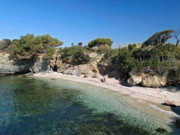 A coastal beach with clear water, rocky cliffs, and sparse vegetation.