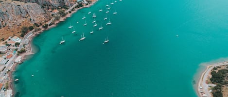 Playa en los alrededores, bar en la playa y bote de remos o canoa 