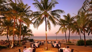 Ein Küstenrestaurant mit Tischen und Stühlen, die um eine zentrale Palme gruppiert sind, mit Blick auf den Ozean.