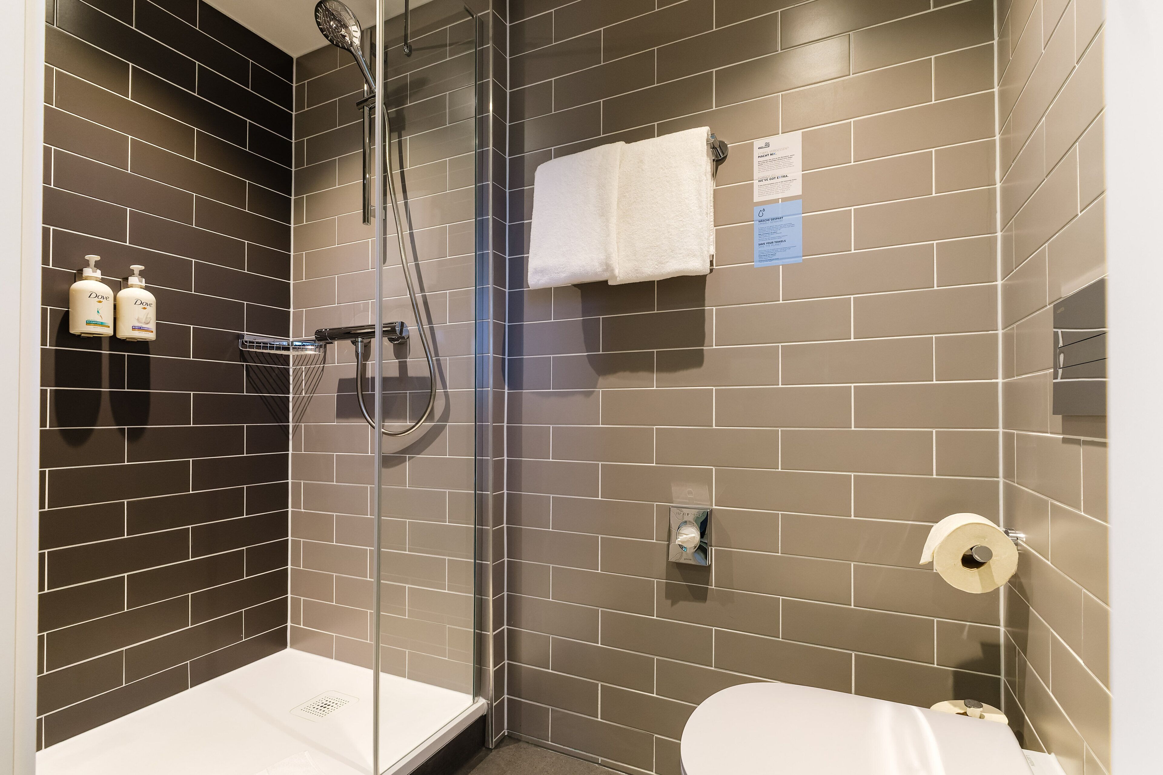 Un área de ducha moderna con puerta de vidrio, inodoro blanco y un perchero para toallas.