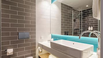 Shower, eco-friendly toiletries, hair dryer, towels