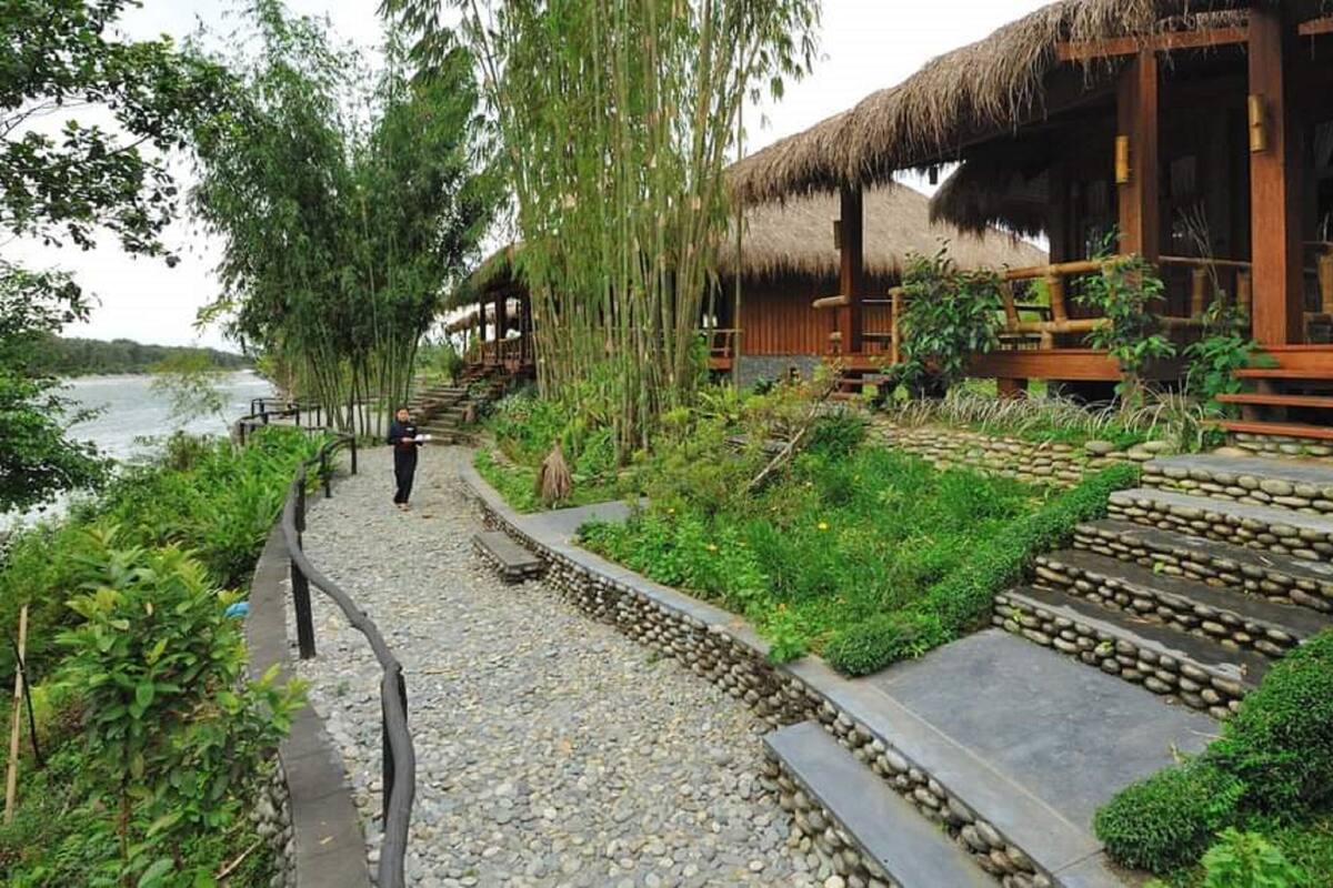 A wooden structure with a thatched roof, a stone pathway, and lush greenery.