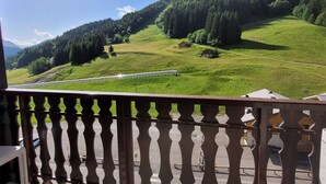 A balcony with a view of a green landscape, a train, and a forested hill.