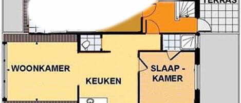Ein Grundriss eines Hotels mit Wohnzimmer, Küche, eigenem Badezimmer, Schlafzimmer mit eigenem Bad und einer Terrasse.