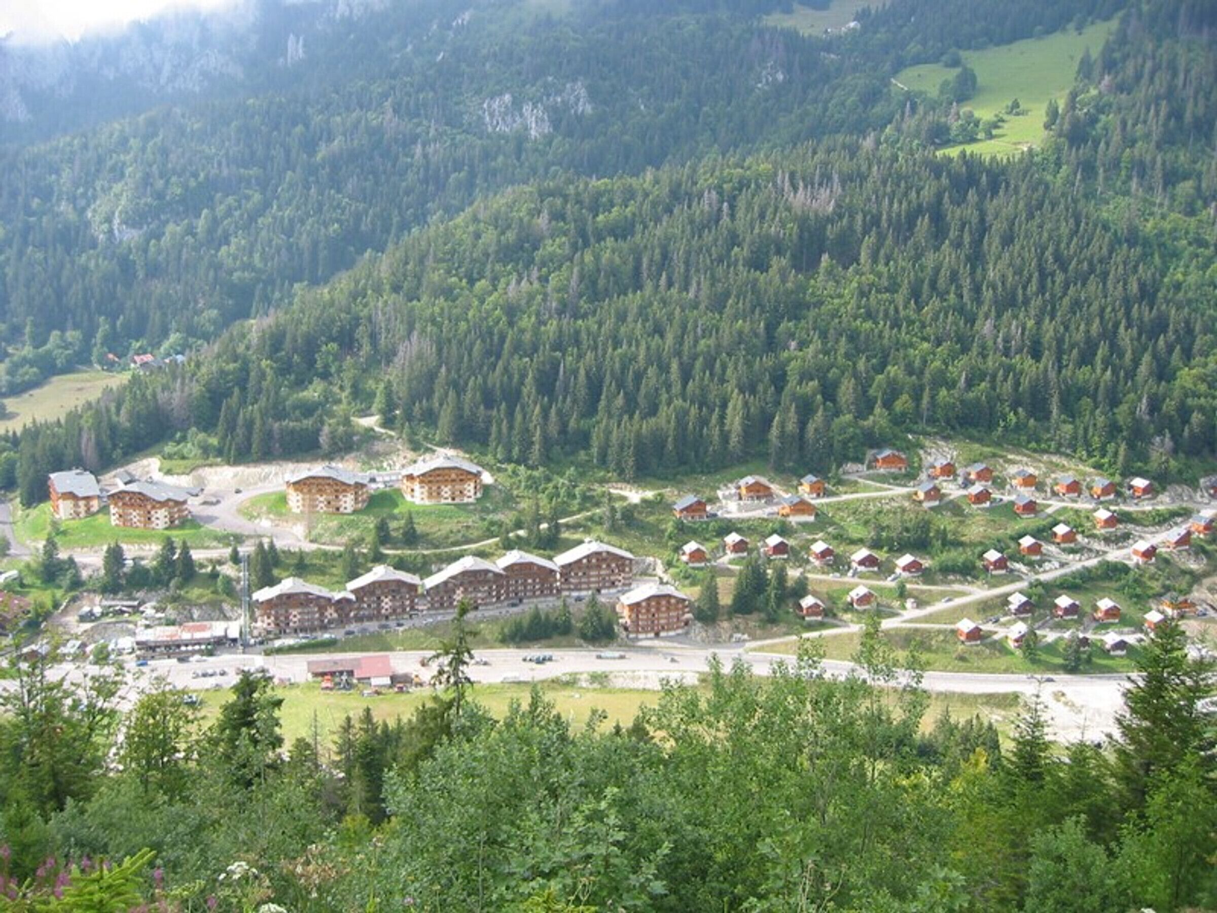 Un ensemble de bâtiments de style chalet, entourés d’une forêt dense, avec une route menant à un parking.