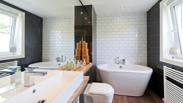 Bañera, secador de pelo y toallas
